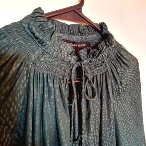 Ellen Weaver Women's Ruffle Collar Blouse with V-Neckline and Tie